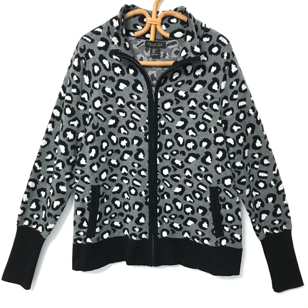 RACHEL ZOE Grey Leopard Full Zip Sweater Jacket XL